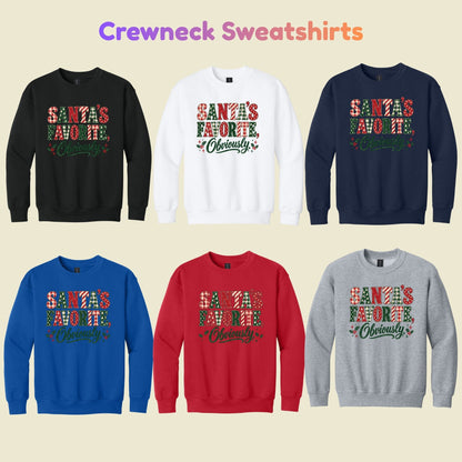 Santa’s Favorite T-Shirt, Funny Christmas Plaid Lettering and Holly Graphic Tee, Holiday Shirt