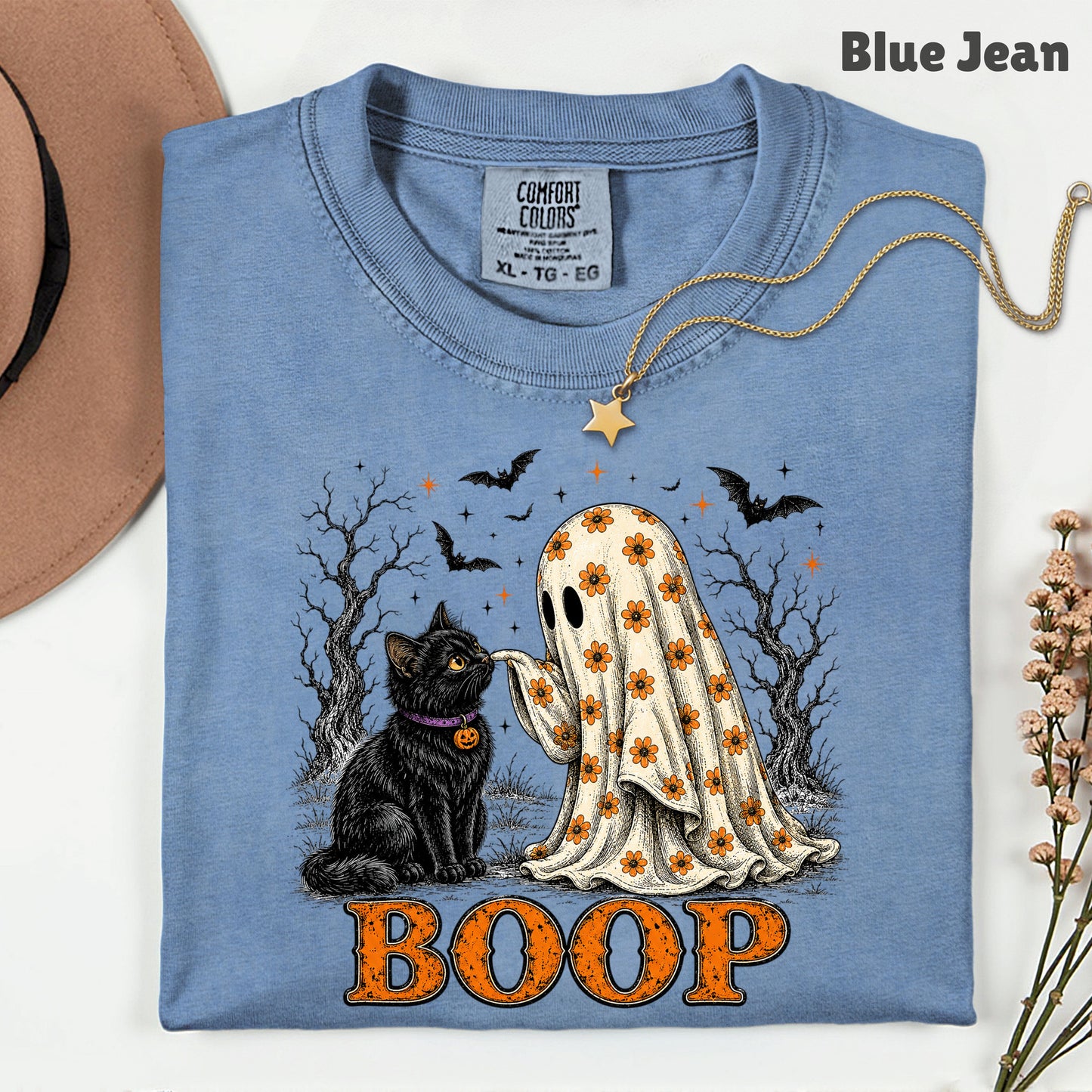 Halloween Ghost Boop Black Cat T-Shirt, Spooky Season Ghost Tee