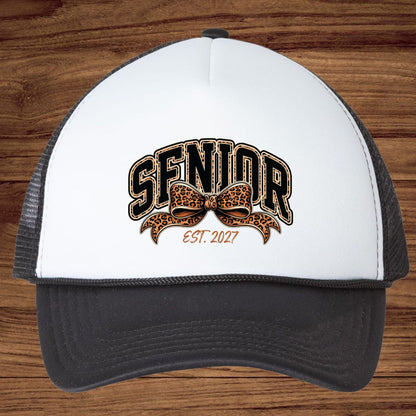 Senior Est 2027 DTF Transfer Ready to Press Graduation Heat Transfer for Shirts Black Orange Leopard Print Bow Varsity Font Tee