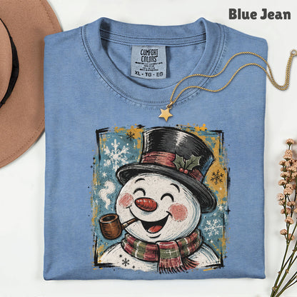 Vintage Snowman Christmas T-Shirt, Top Hat Pipe Snowflakes Scarf Comfort Color Tee