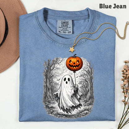 Vintage Halloween Ghost Pumpkin Balloon T-Shirt, Spooky Forest Retro Tee