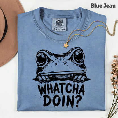 Whatcha Doin Frog Funny Peeking T-Shirt, Black White Cute Frog Tee