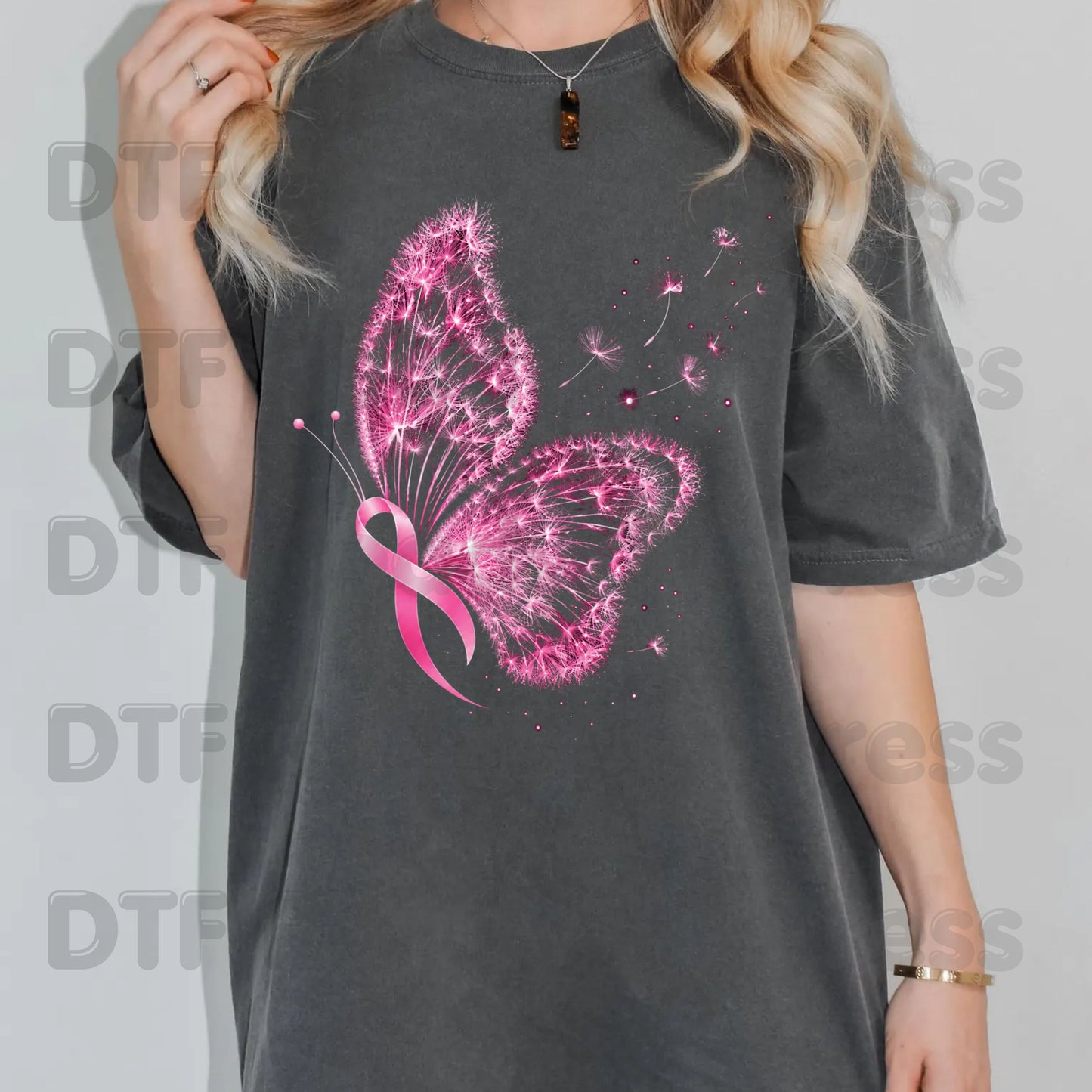 Pink Butterfly Ribbon Breast Cancer Awareness DTF Transfer Ready to Press Heat Transfer Dandelion Floral Tee