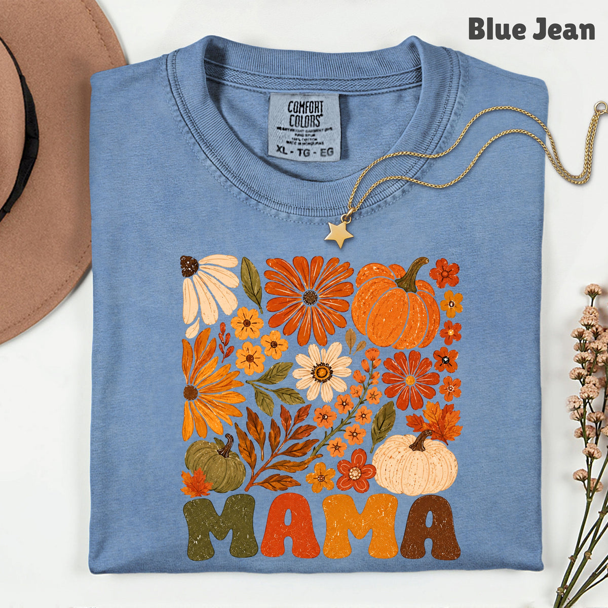 Mama Fall Floral Pumpkins T-Shirt, Retro Groovy Autumn Flowers Thanksgiving Comfort Color Tee
