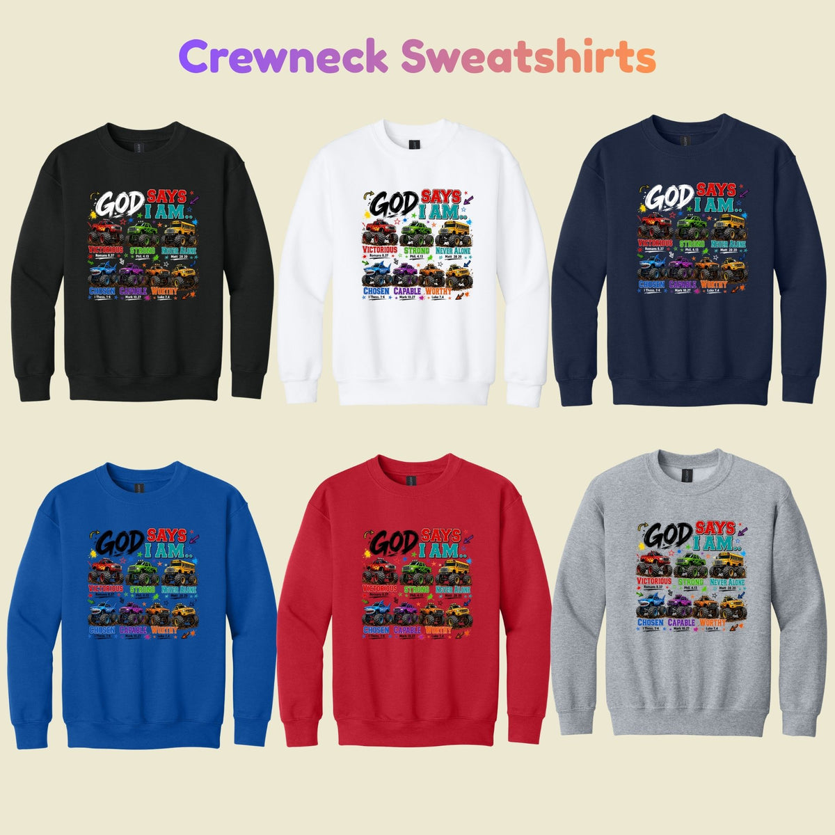 God Says I Am Monster Trucks Christian T-Shirt, Bible Verse Kids Religious Graphic Tee