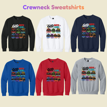 God Says I Am Monster Trucks Christian T-Shirt, Bible Verse Kids Religious Graphic Tee