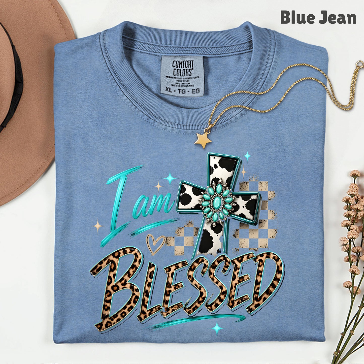 I Am Blessed Western Cross Cow Print T-Shirt, Turquoise Leopard Faith Tee