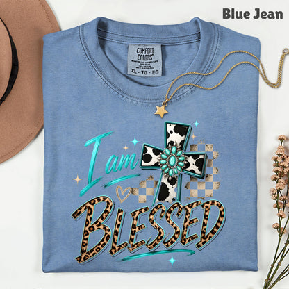 I Am Blessed Western Cross Cow Print T-Shirt, Turquoise Leopard Faith Tee