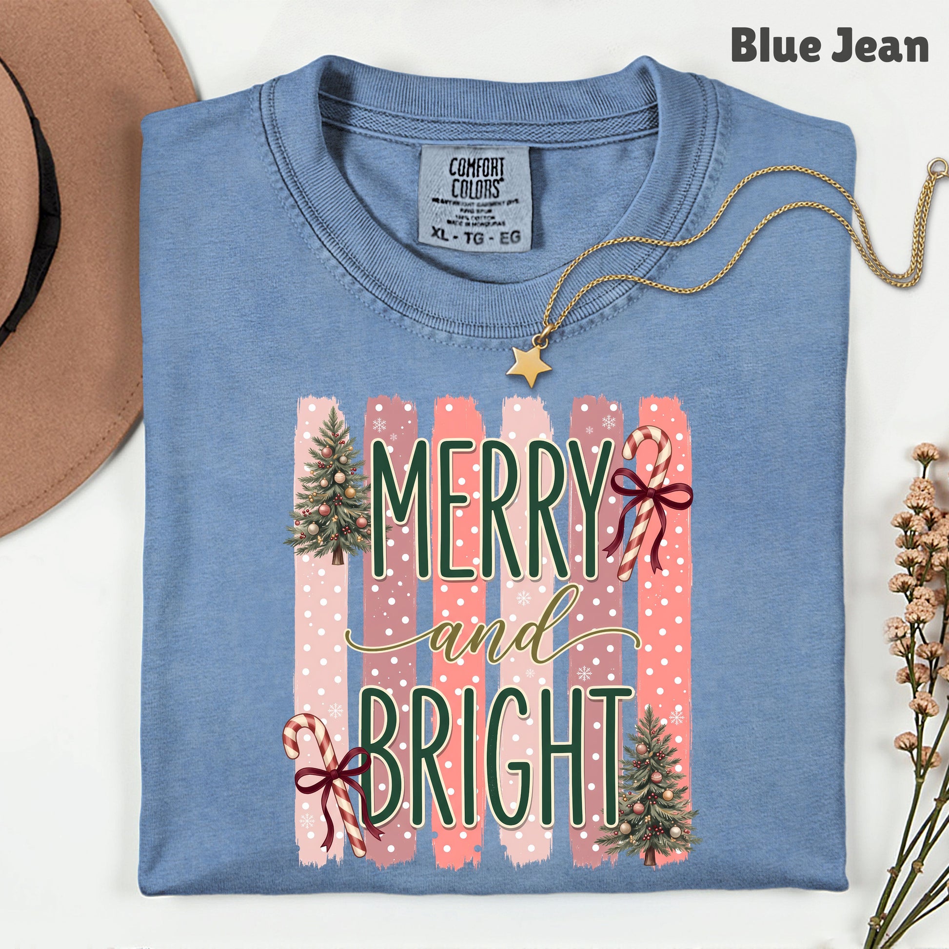 Merry and Bright Comfort Colors T Shirts Cute Christmas Tree Tees Pink Candy Cane Shirt Festive Holiday Winter Graphic Hoodie