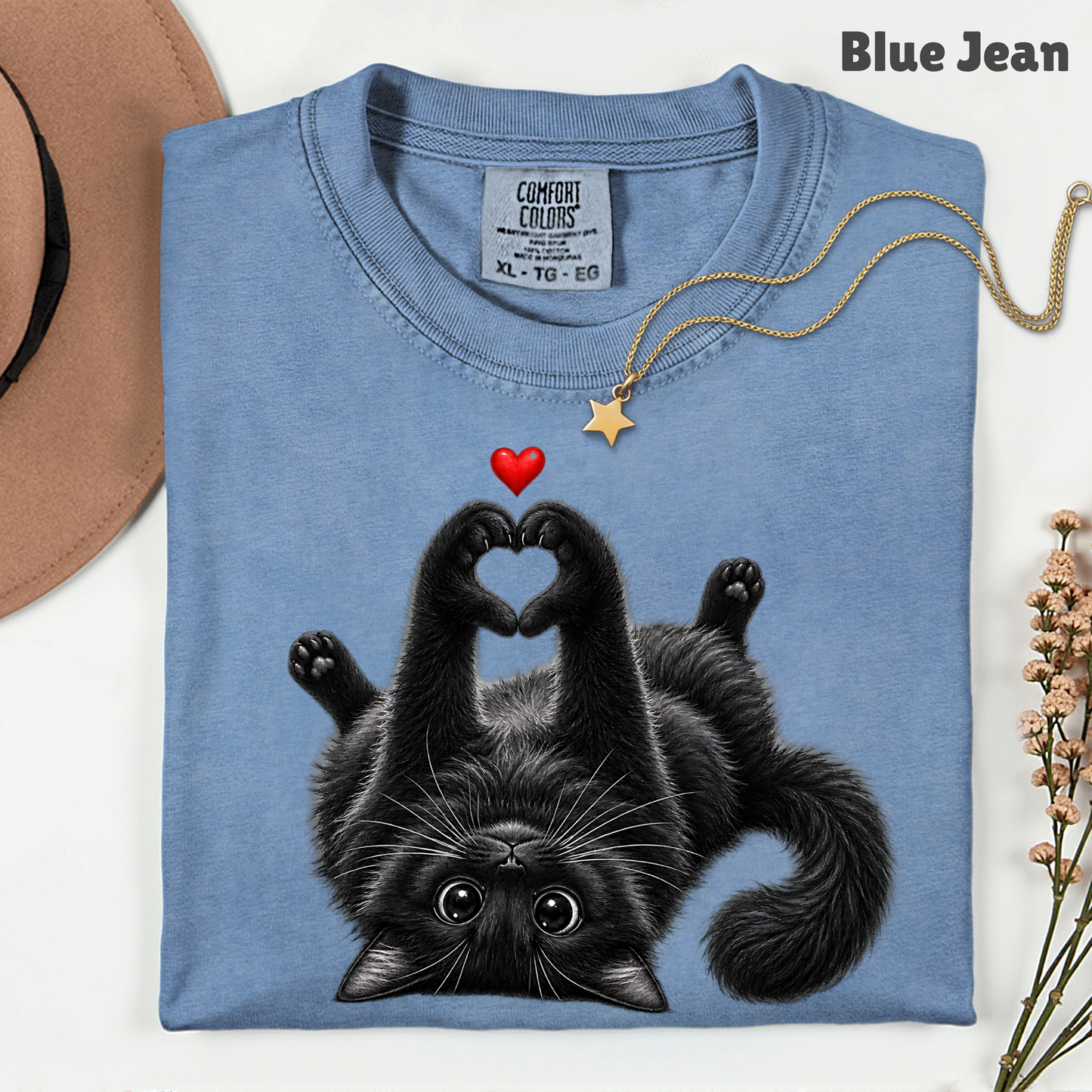 Black Cat Heart Hands T-Shirt, Cute Kitty Kitten Lover Heart Paws Love Tee