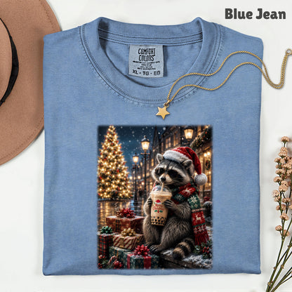 Christmas Raccoon Santa Hat T-Shirt, Coffee Drink Cute Holiday Winter Comfort Color Tee