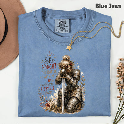 Inspirational Knight Girl She Fought the Battle Within T-Shirt, Female Warrior Sword Armor Tee