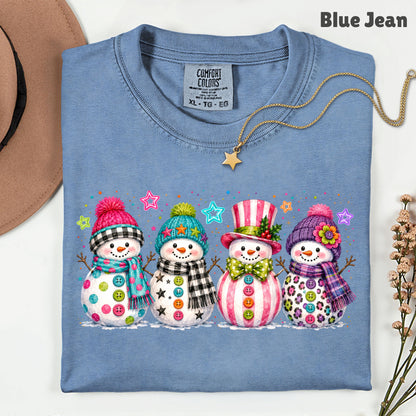 Christmas Colorful Snowmen T-Shirt, Cute Winter Snowman Beanies Scarves Holiday Tee