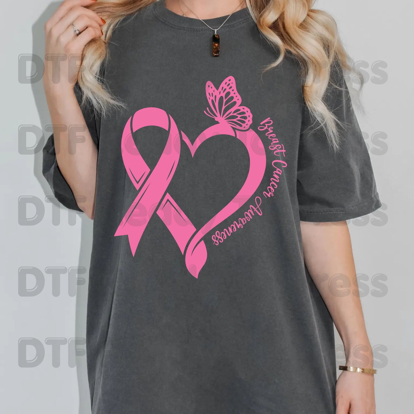 Breast Cancer Awareness Pink Heart Ribbon Butterfly DTF Transfer Ready to Press Heat Transfer Survivor Tee