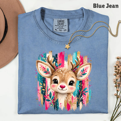 Cute Christmas Reindeer Floral Antlers T-Shirt, Pink Teal Gold Holiday Tee