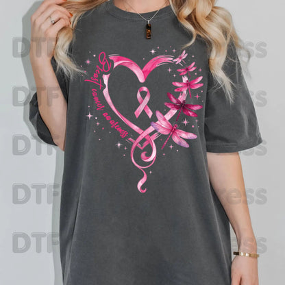 Breast Cancer Awareness Pink Heart Dragonfly DTF Transfer Ready to Press Heat Transfer Ribbon Tee