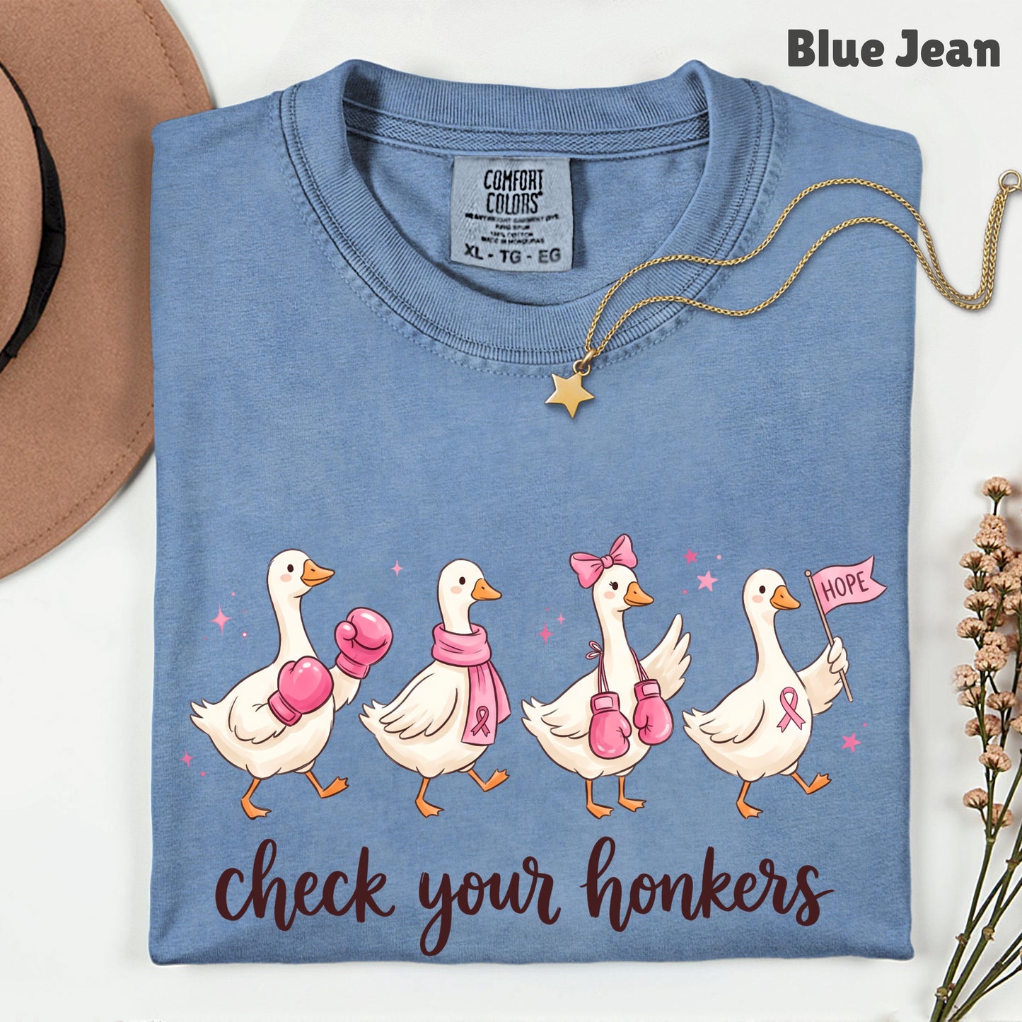 Check Your Honkers Ducks Breast Cancer Awareness T-Shirt, Pink Ribbon Boxing Gloves Geese Tee