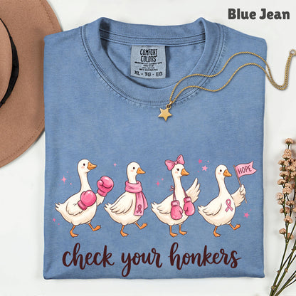 Check Your Honkers Ducks Breast Cancer Awareness T-Shirt, Pink Ribbon Boxing Gloves Geese Tee