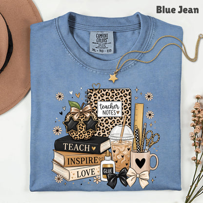 Teach Inspire Love Leopard Teacher T-Shirt, Notebook Coffee Iced Drink Comfort Color Tee