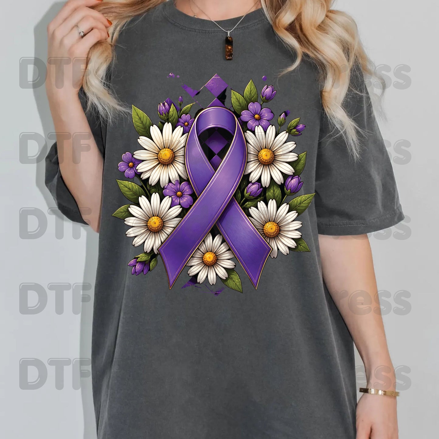 Purple Ribbon DTF Transfer Ready to Press Daisies Flowers Awareness Heat Transfer Tee Print Direct to Film Transfer