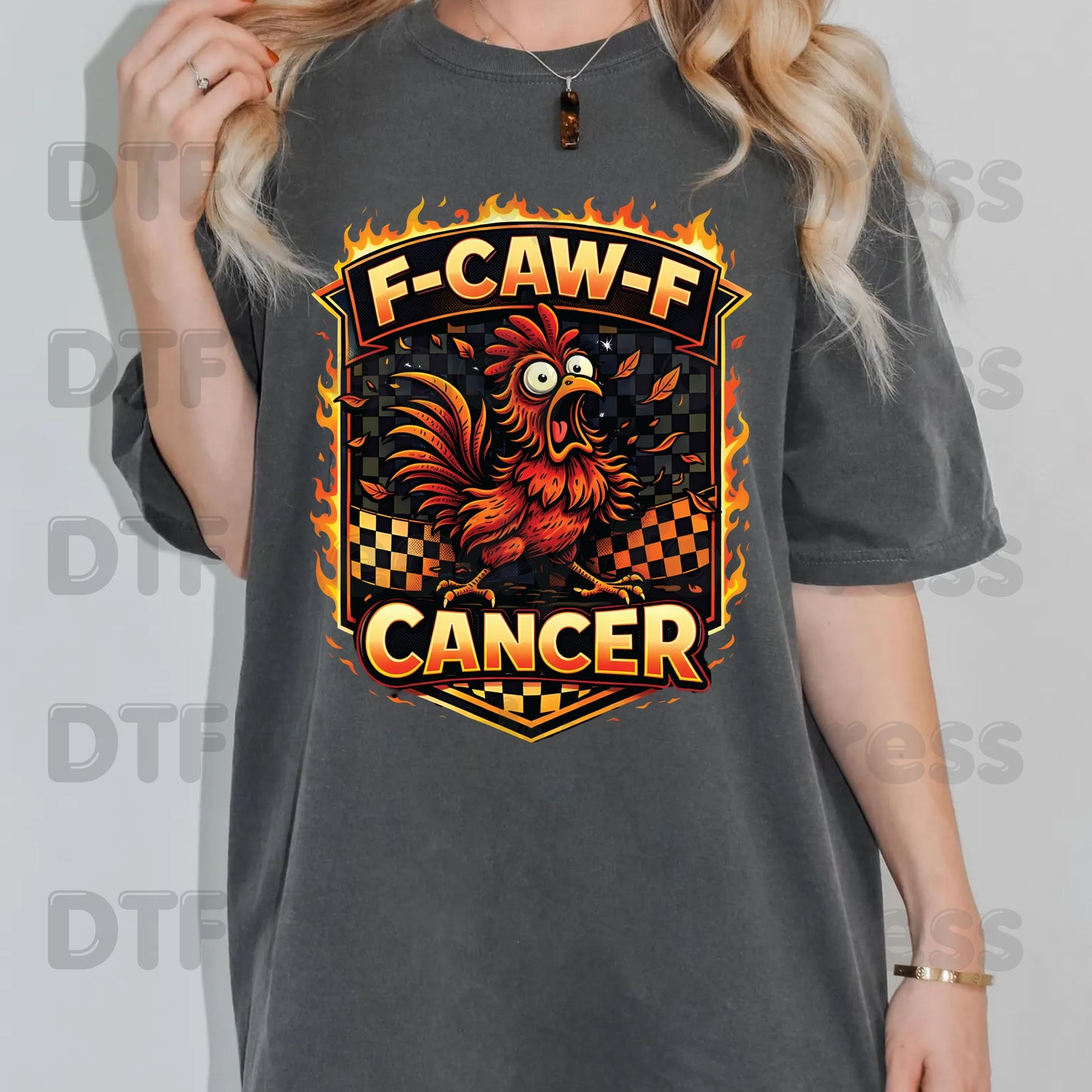 Funny Rooster DTF Transfer Ready to Press F Caw F Cancer Flaming Checkered Flag Heat Transfer Tee Print Direct to Film Transfer
