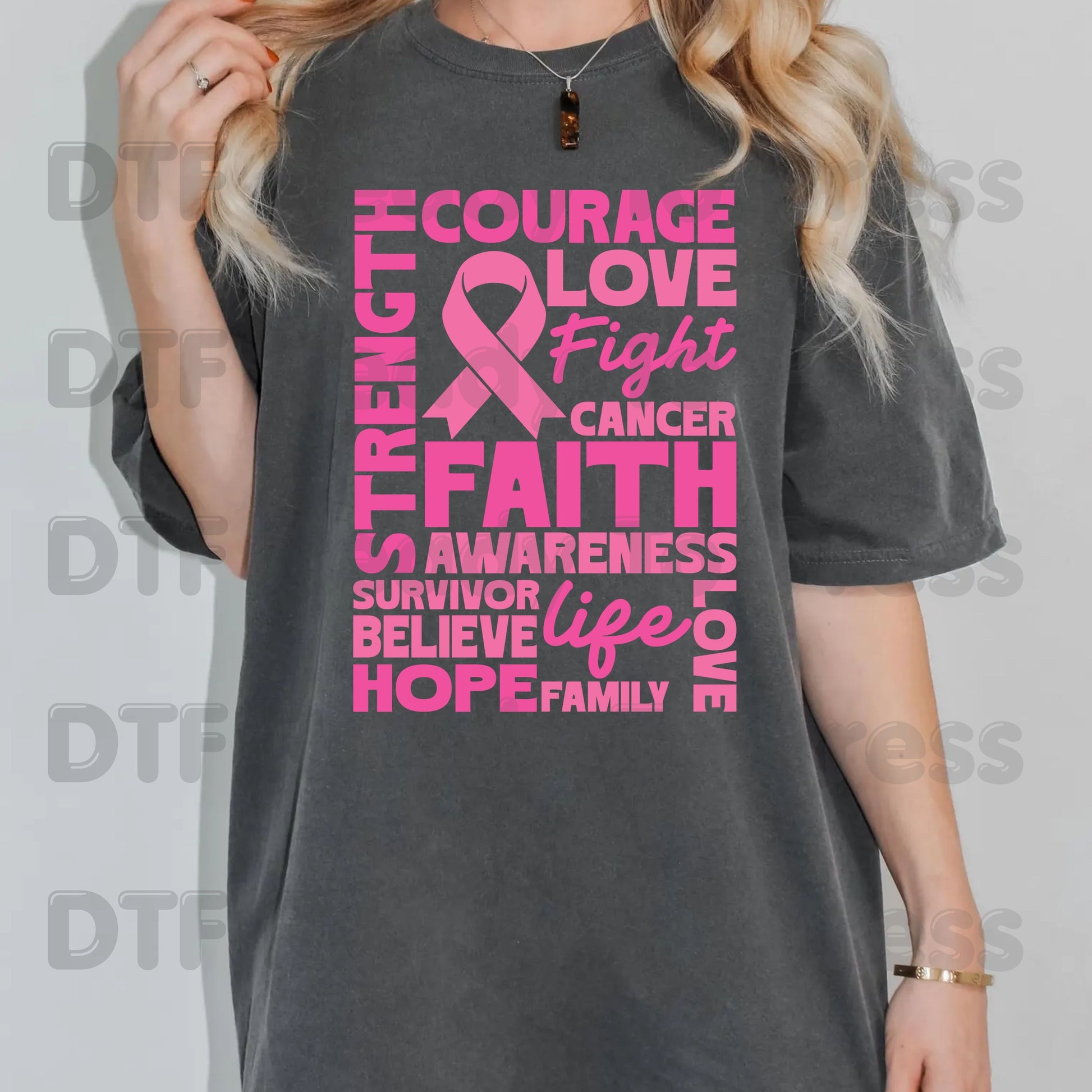 Courage Love Faith Breast Cancer Awareness DTF Transfer Ready to Press Heat Transfer Pink Ribbon Words Tee