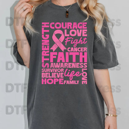 Courage Love Faith Breast Cancer Awareness DTF Transfer Ready to Press Heat Transfer Pink Ribbon Words Tee