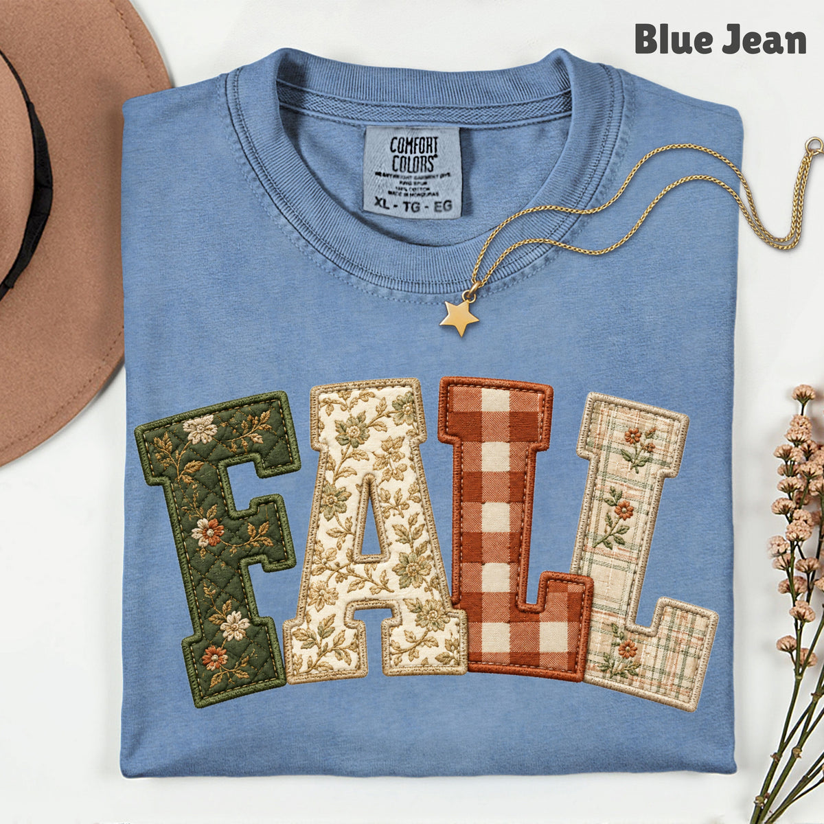 Fall Patchwork Chenille Letters T-Shirt, Quilted Plaid Autumn Thanksgiving Comfort Color Tee