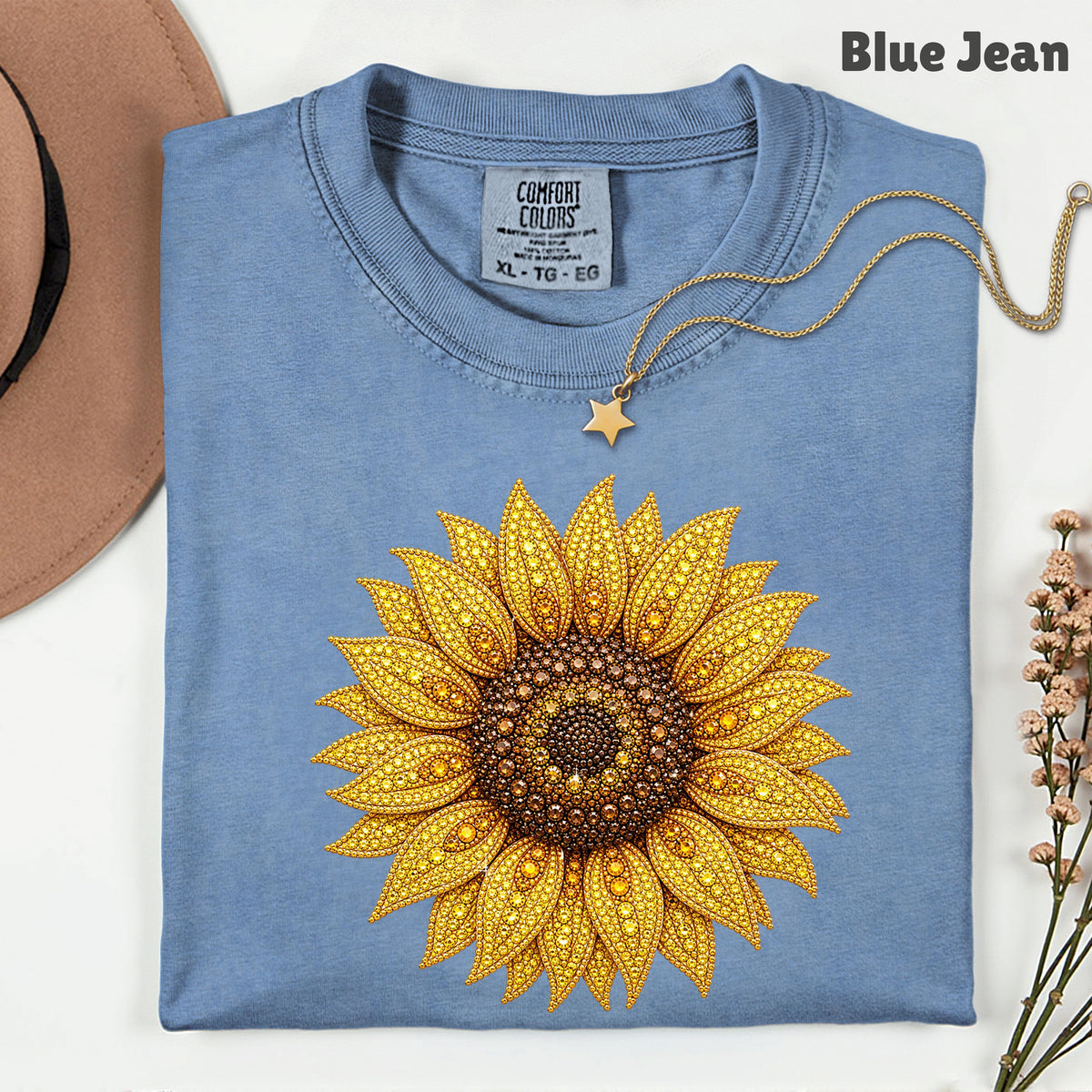 Sunflower Yellow Beaded Floral T-Shirt, Summer Fall Flower Tee