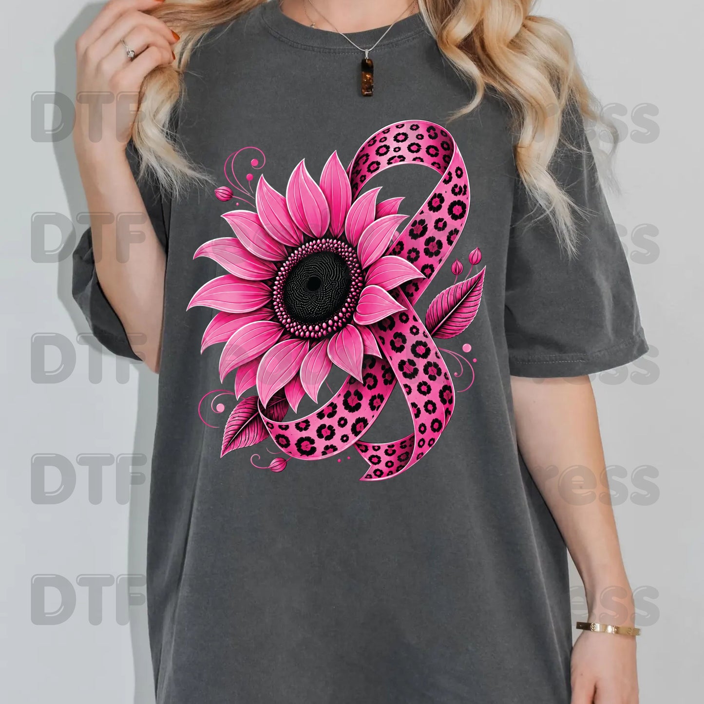 Pink Sunflower Leopard Ribbon Breast Cancer Awareness DTF Transfer Ready to Press Heat Transfer Survivor Tee