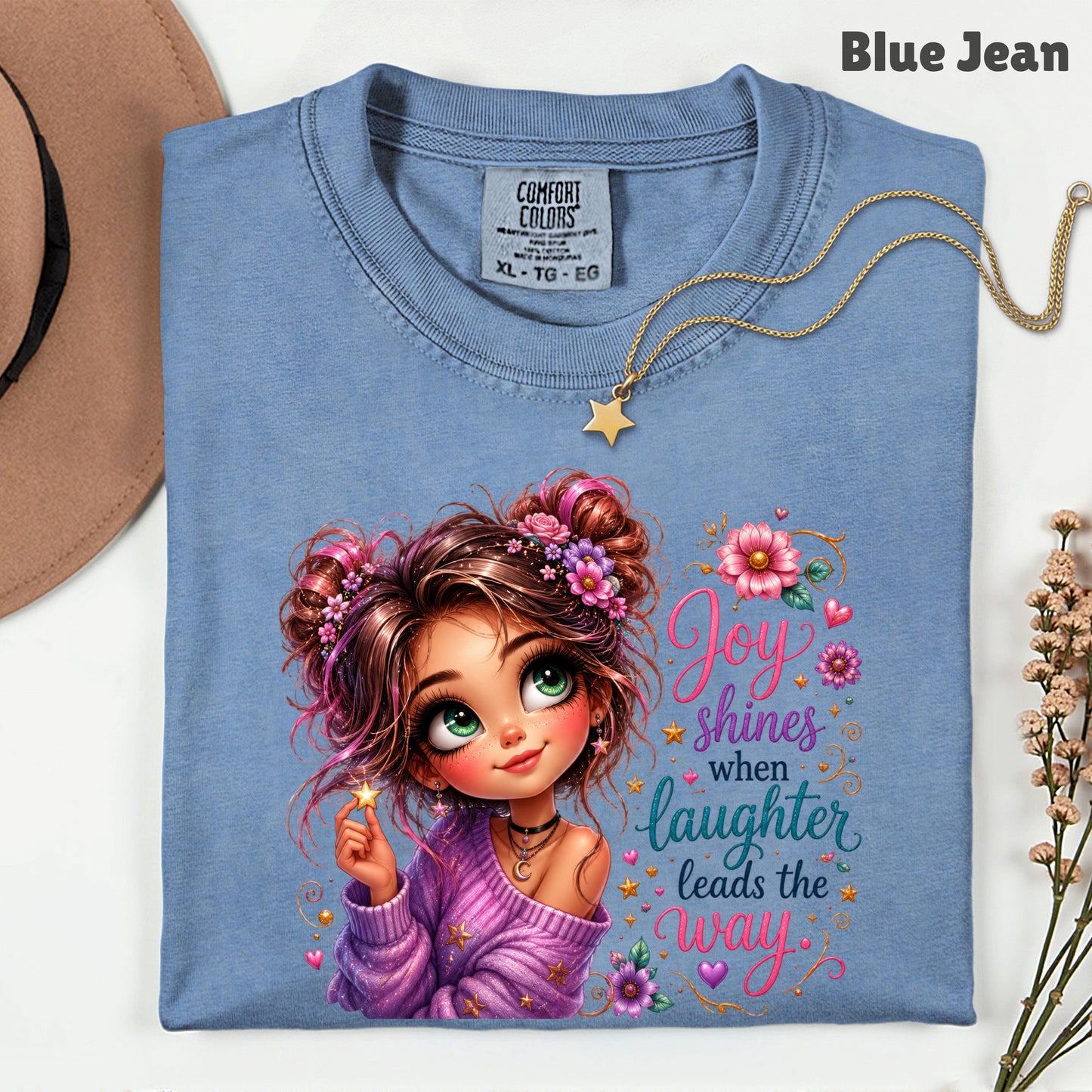 Joy Shines Laughter Space Buns Girl T-Shirt, Cute Floral Quote Tee
