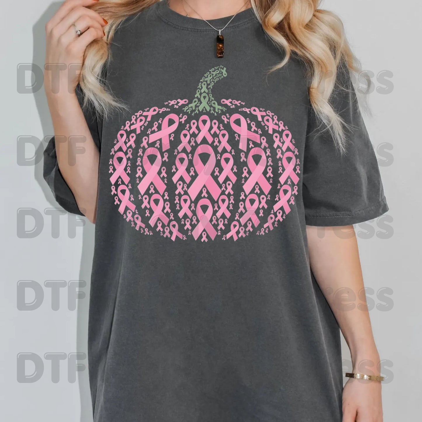 Pink Ribbon Pumpkin Breast Cancer Awareness DTF Transfer Ready to Press Fall Heat Transfer Tee