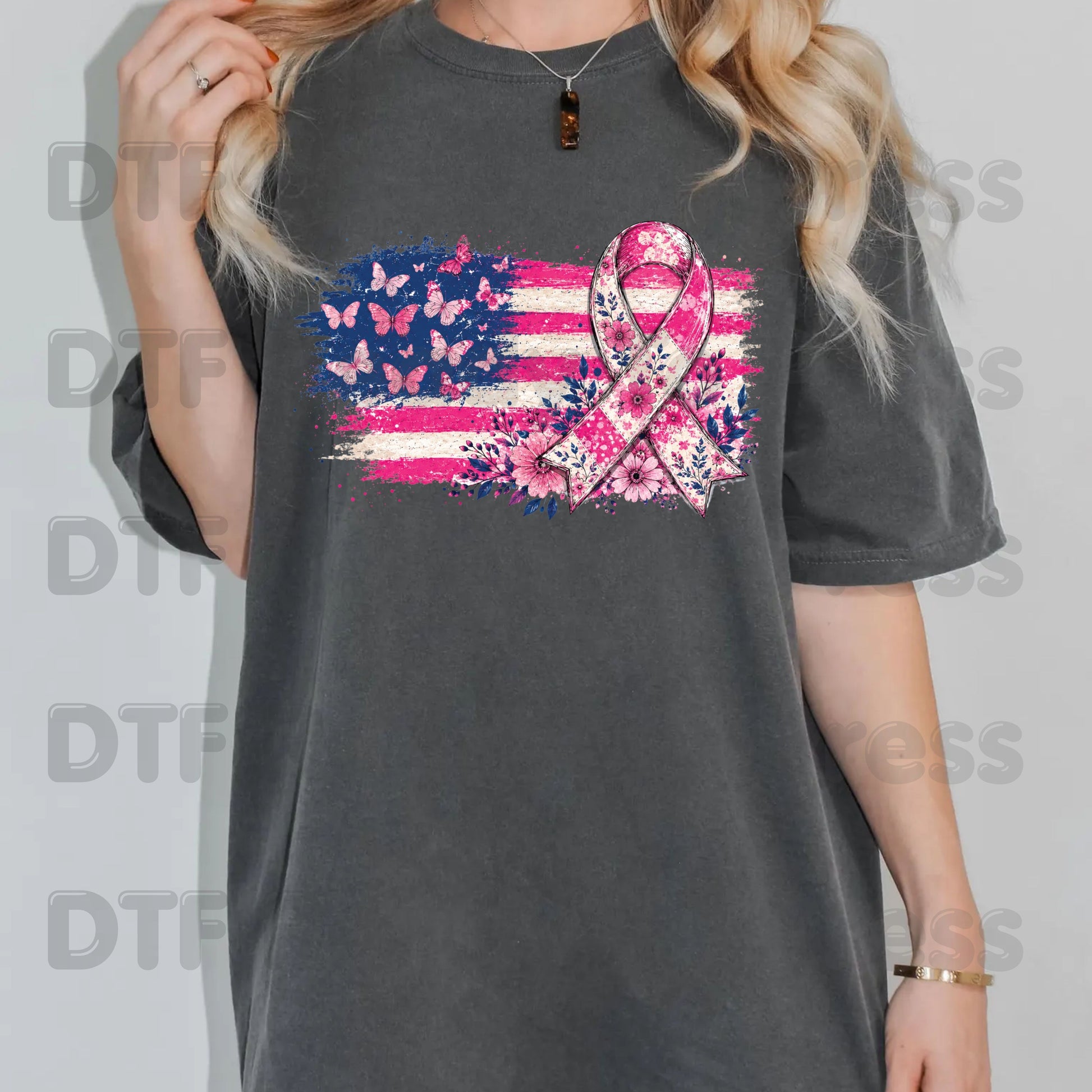 American Flag Pink Ribbon Butterfly Breast Cancer Awareness DTF Transfer Ready to Press Heat Transfer Tee