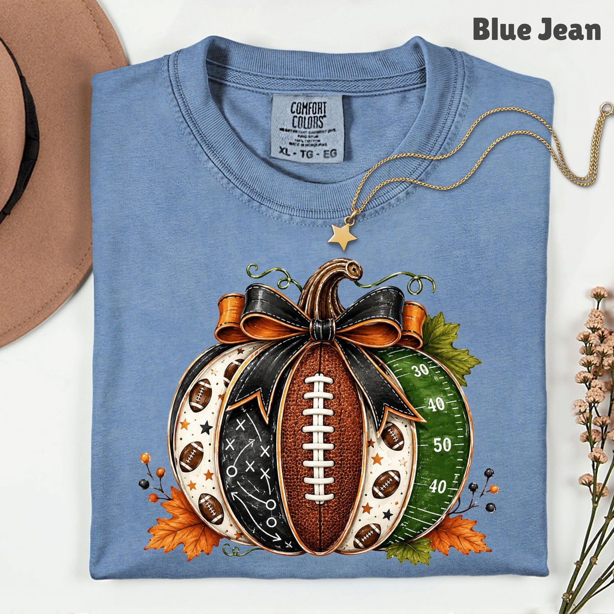 Football Pumpkin Bow Fall T-Shirt, Game Day Football Field Patchwork Autumn Tee