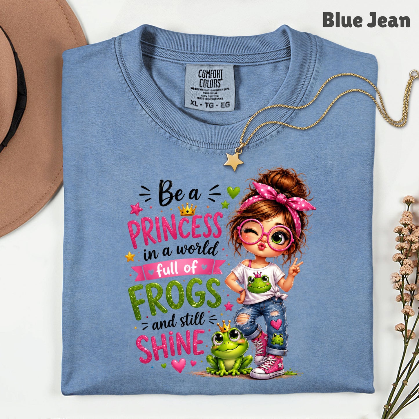 Be a Princess Frog Girl T-Shirt, Cute Messy Bun Pink Green Quote Tee