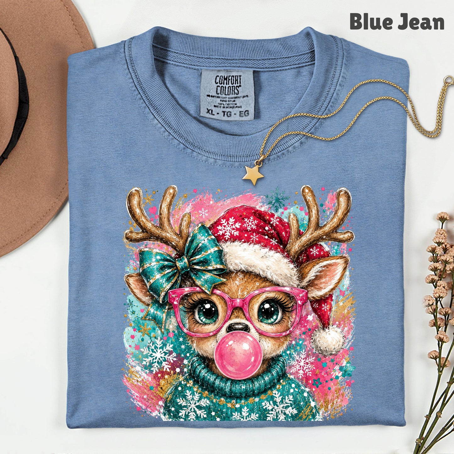 Christmas Reindeer Pink Glasses T-Shirt, Bubblegum Deer Santa Hat Cute Comfort Color Tee