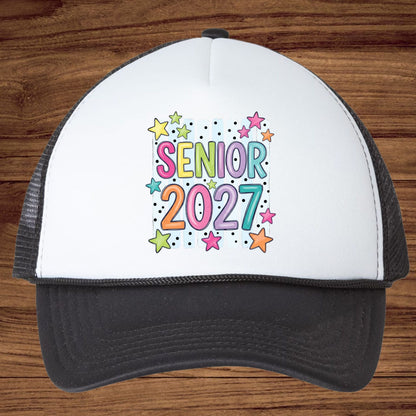 Senior 2027 DTF Transfer Ready to Press Graduation Heat Transfer for Shirts Colorful Pastels Bubble Letters Stars Stripes Tee