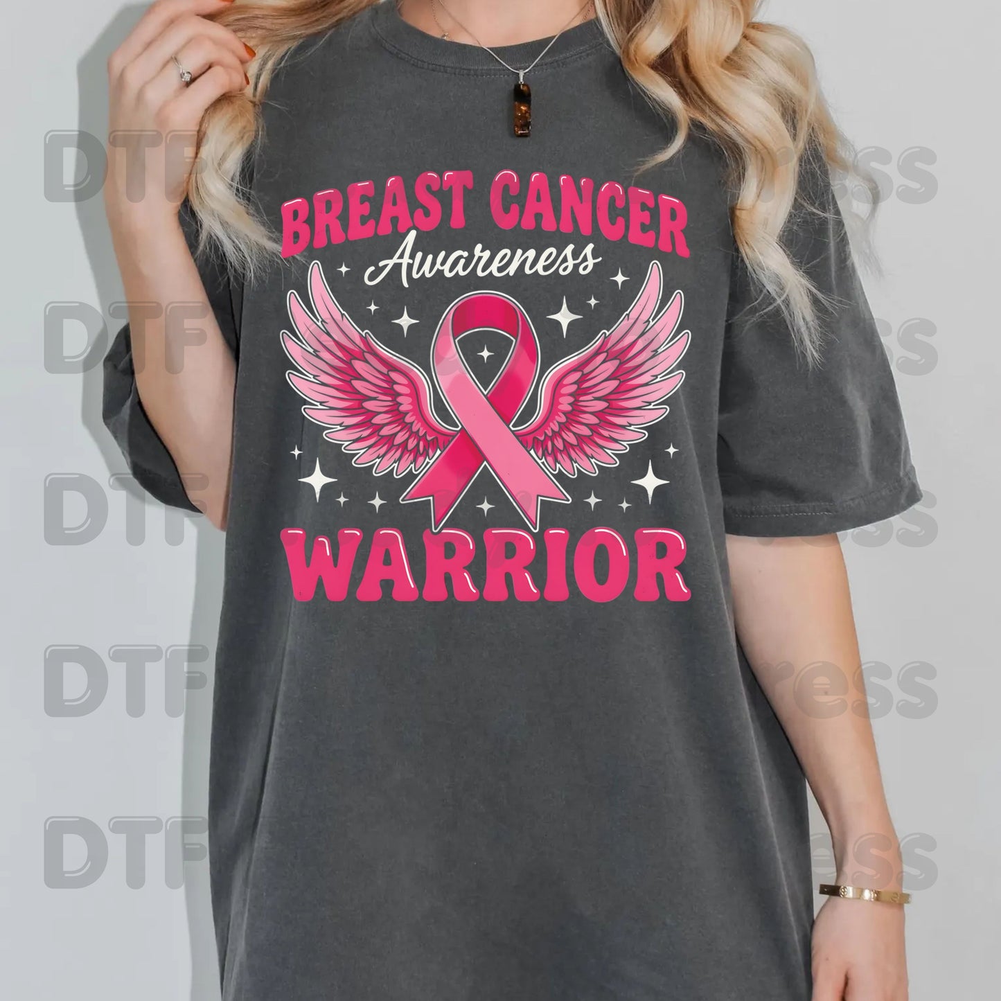 Breast Cancer Warrior DTF Transfer Ready to Press Heat Transfer Pink Ribbon Angel Wings Awareness Tee