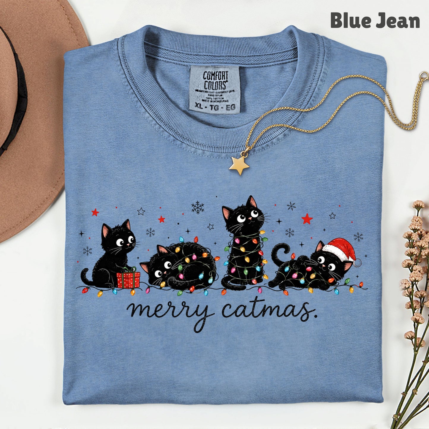 Merry Catmas Black Cats Christmas T-Shirt, Christmas Lights Black Kittens Cat Lover Tee