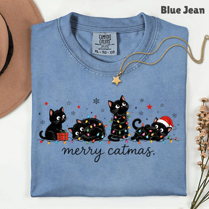 Merry Catmas Black Cats Christmas T-Shirt, Christmas Lights Black Kittens Cat Lover Tee
