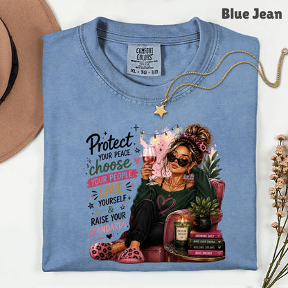 Inspirational Self Care Girl Protect Your Peace T-Shirt, Love Yourself Wine Woman Quote Tee
