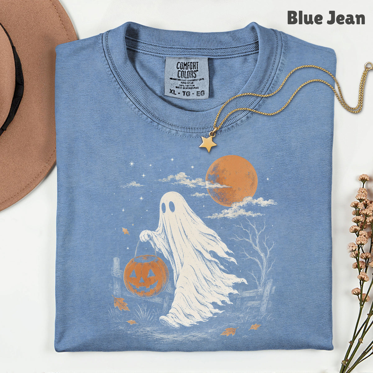 Vintage Halloween Ghost T-Shirt, Jack O Lantern Full Moon Sepia Neutral Tones Spooky Fall Tee