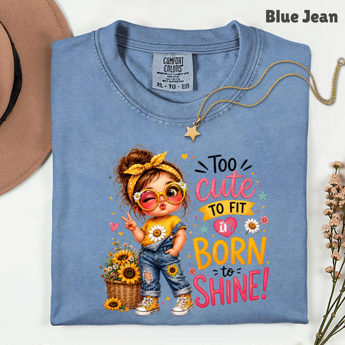 Too Cute to Fit In Born to Shine Little Girl T-Shirt, Sunflower Headband Tee