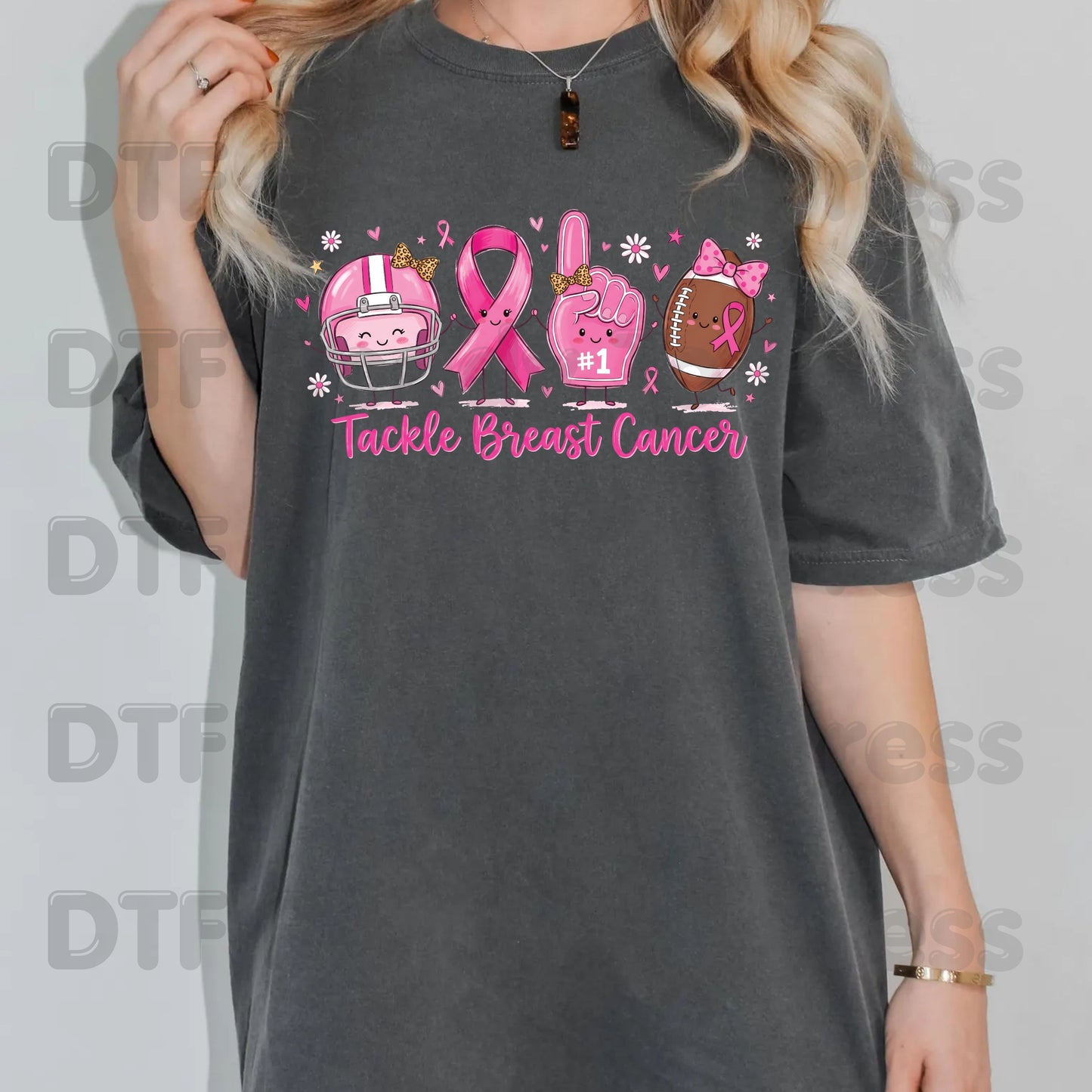 Tackle Breast Cancer Awareness DTF Transfer Ready to Press Heat Transfer Football Ribbon Tee