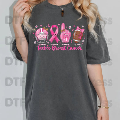 Tackle Breast Cancer Awareness DTF Transfer Ready to Press Heat Transfer Football Ribbon Tee