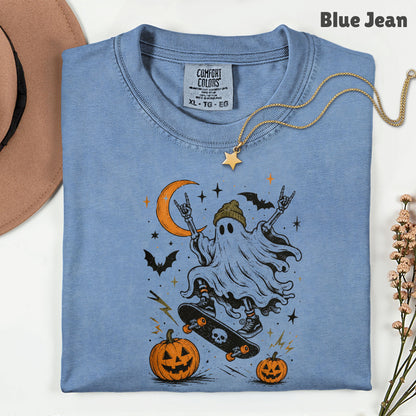 Halloween Skater Ghost Rock On T-Shirt, Skateboarding Skeleton Crescent Moon Pumpkins Bats Tee