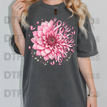 Pink Dahlia Butterfly Ribbon Breast Cancer Awareness DTF Transfer Ready to Press Heat Transfer Tee