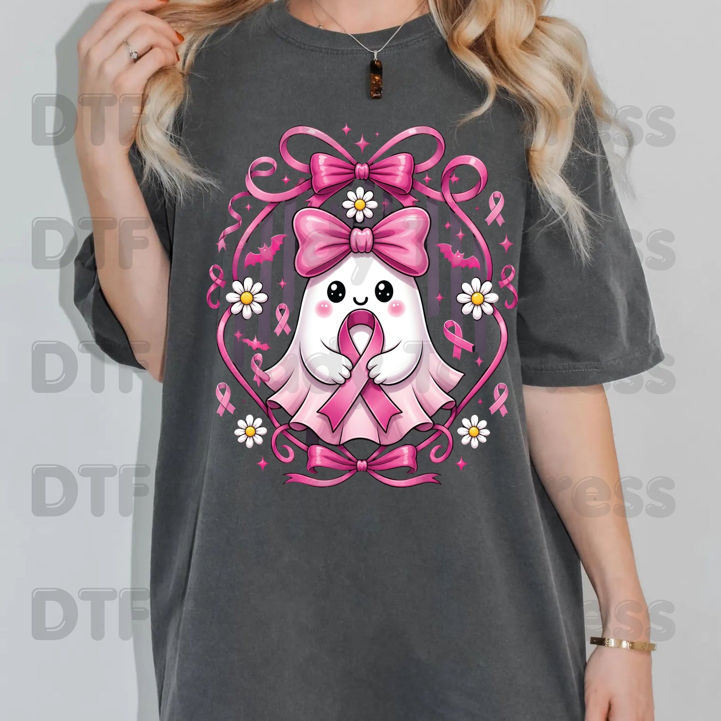 Halloween Breast Cancer Awareness Cute Ghost DTF Transfer Ready to Press Heat Transfer Pink Ribbon Bow Spooky Tee