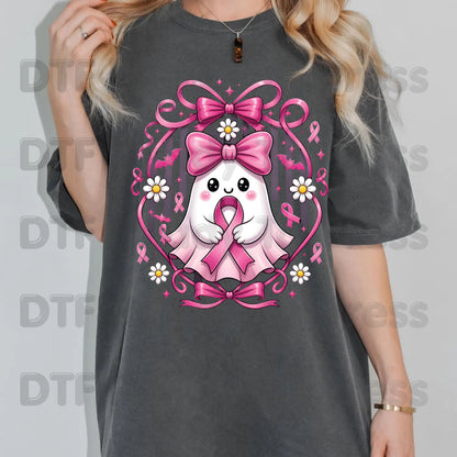 Halloween Breast Cancer Awareness Cute Ghost DTF Transfer Ready to Press Heat Transfer Pink Ribbon Bow Spooky Tee