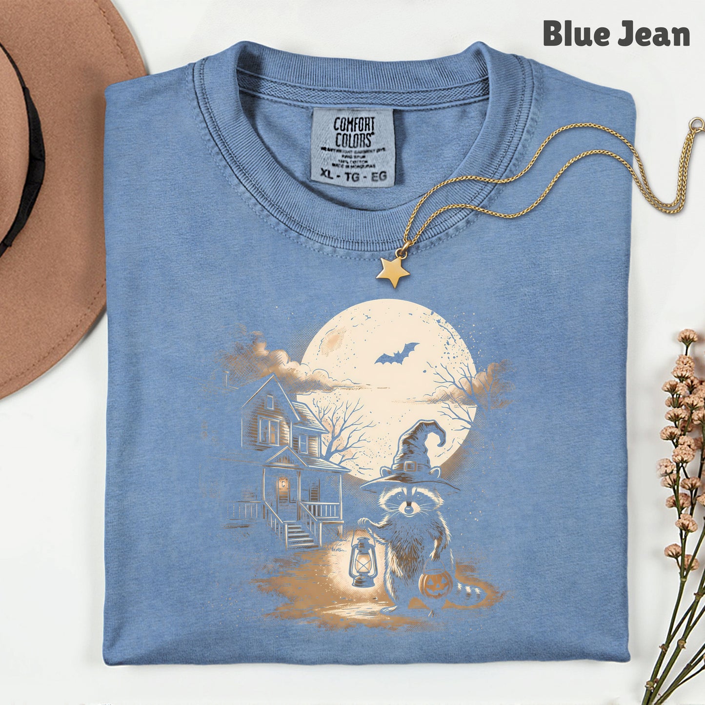 Vintage Halloween Mouse Witch T-Shirt, Full Moon Pumpkin House Sepia Trick or Treat Spooky Fall Tee